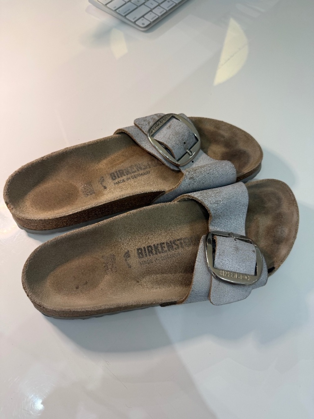 Metallic Gray Birkenstock Slides with Silver Buckle Size 38